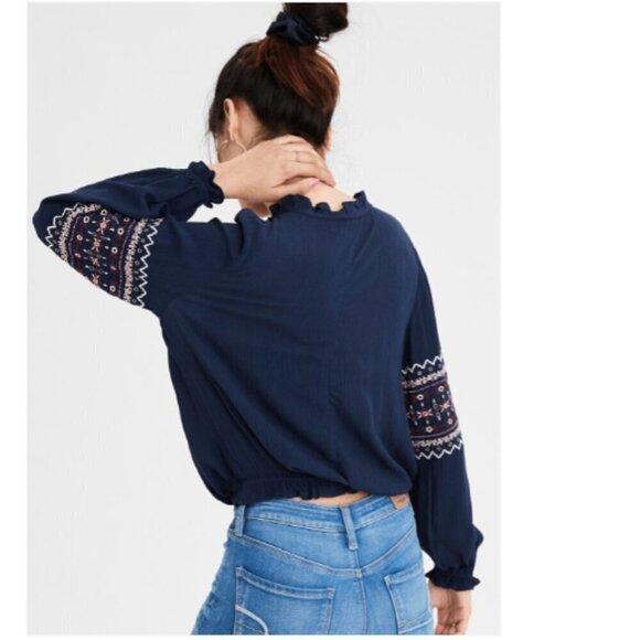 AE/American Eagle BOHO Embroidered Tie Neck Top Long Sleeve S Navy Blue #311J - Picture 9 of 12